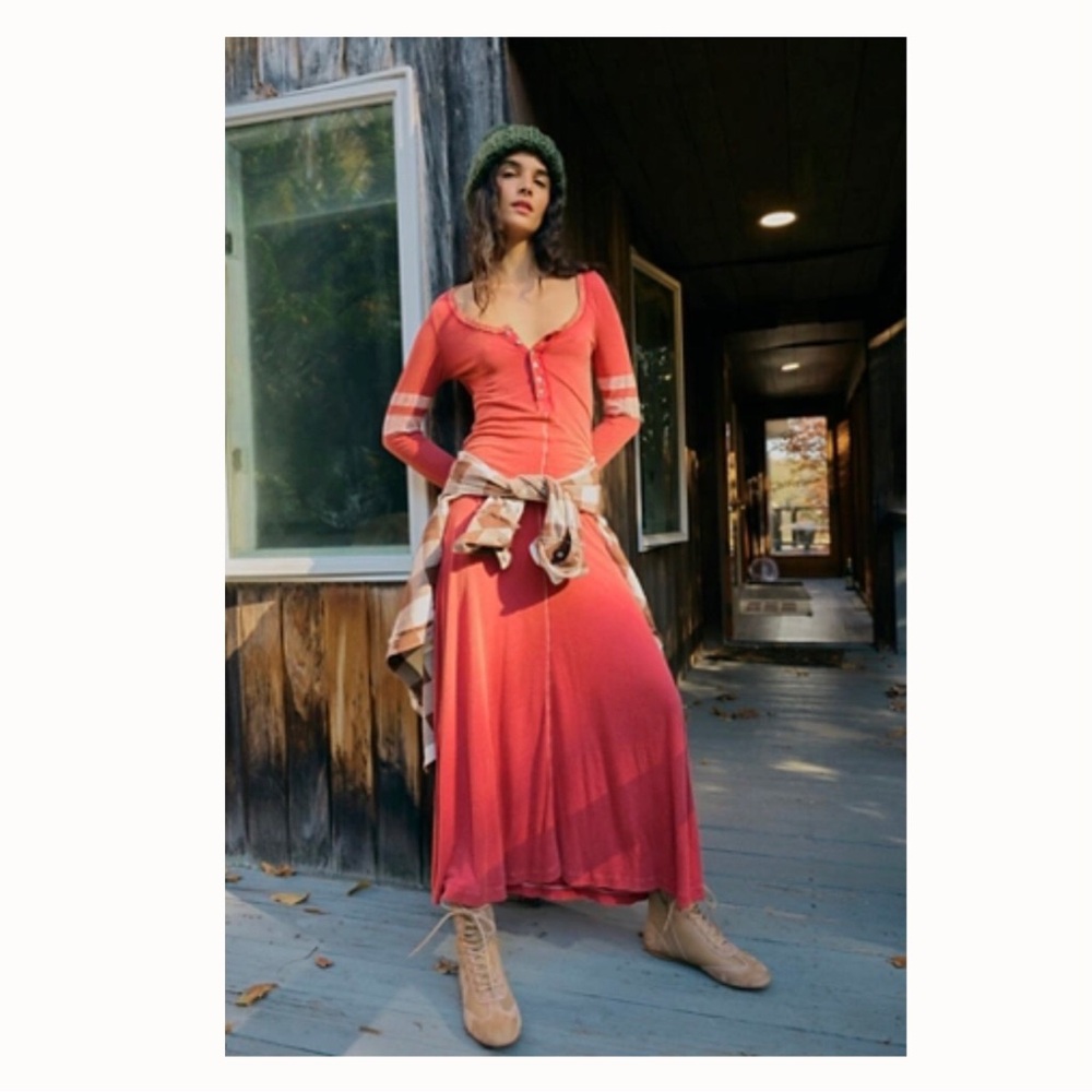 Sold Out! NWT Free People Just Like Heaven Henley Maxi T-Shirt Dress in Red XS